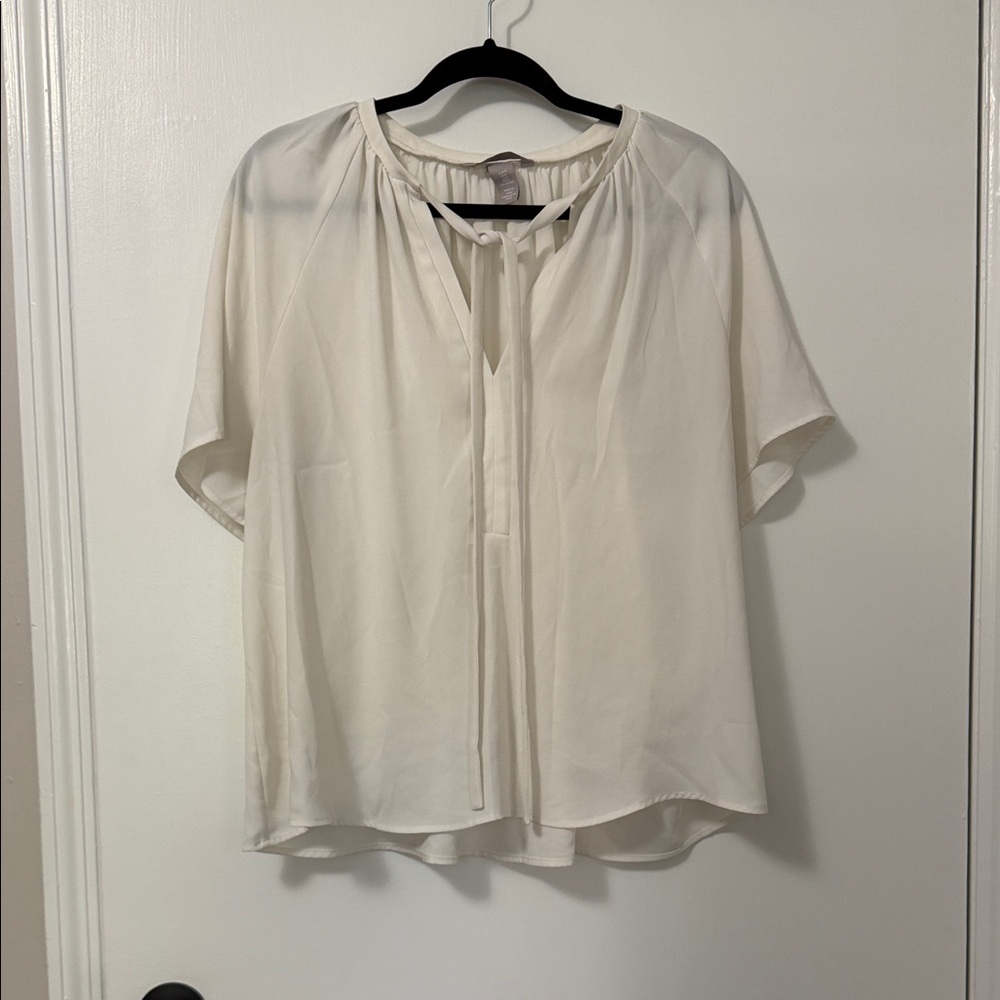 H&M Cream Tie-Neck Short Sleeve Blouse